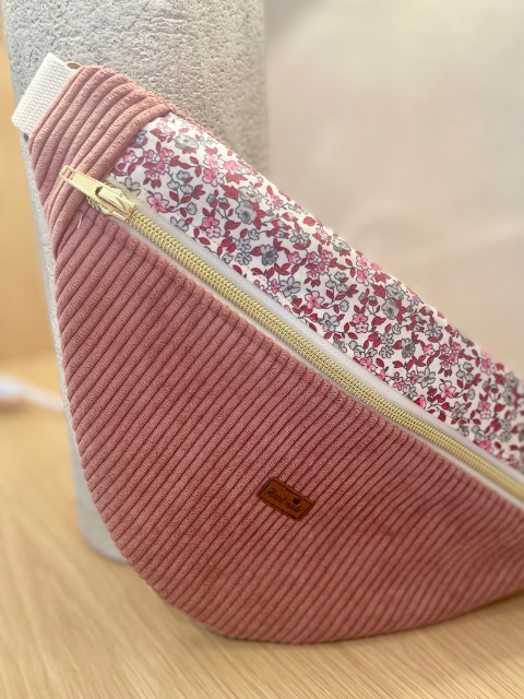 Sac banane velours côtelé vieux rose et liberty